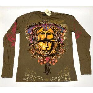 RARE Y2K Roman Authentic Vintage Men's Christian Audigier T-shirt Lion LS Olive